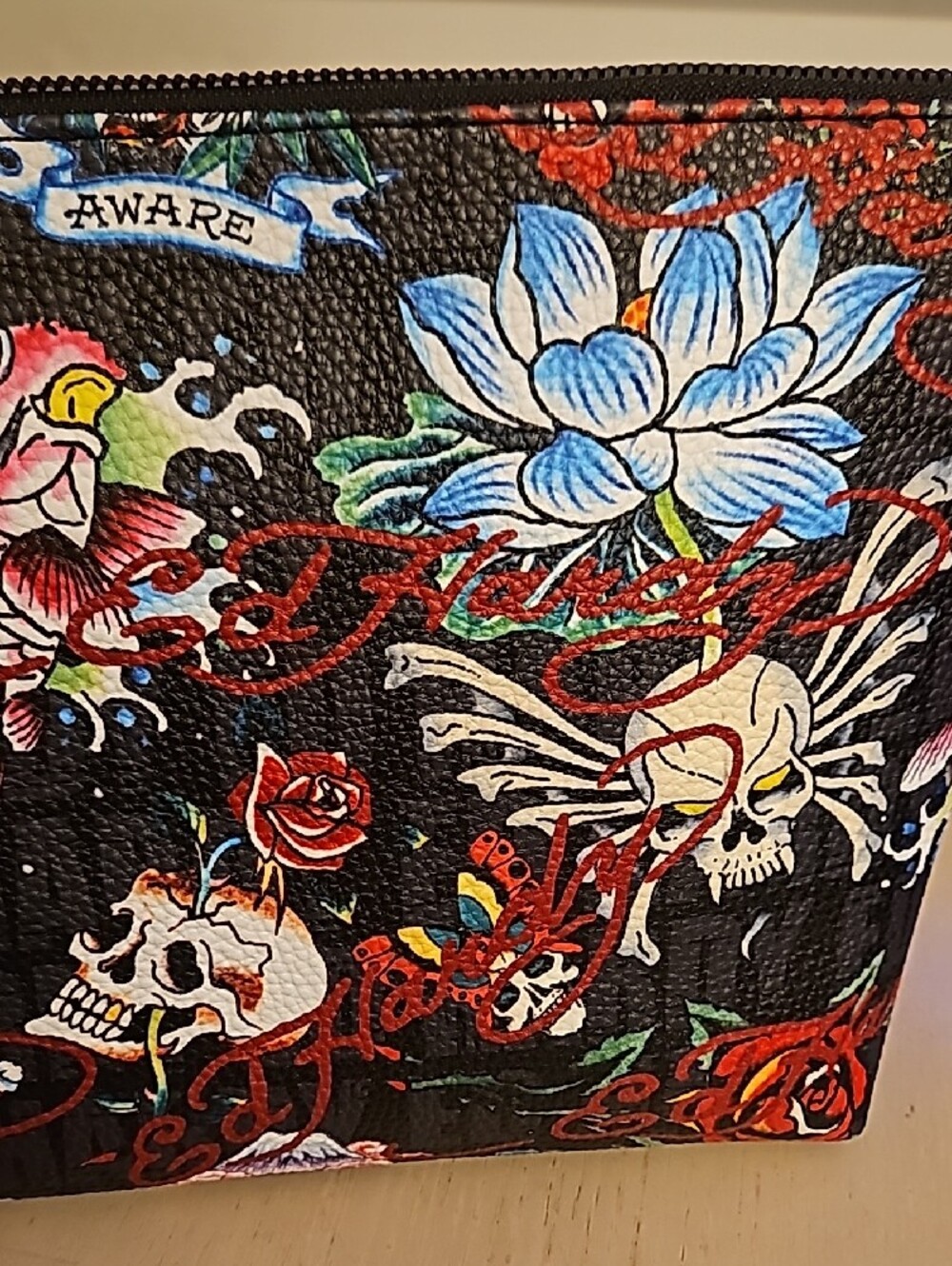 Ed Hardy Black Floral Skull Cosmetic Pouch with Red Heart Accent - Picture 6 of 7